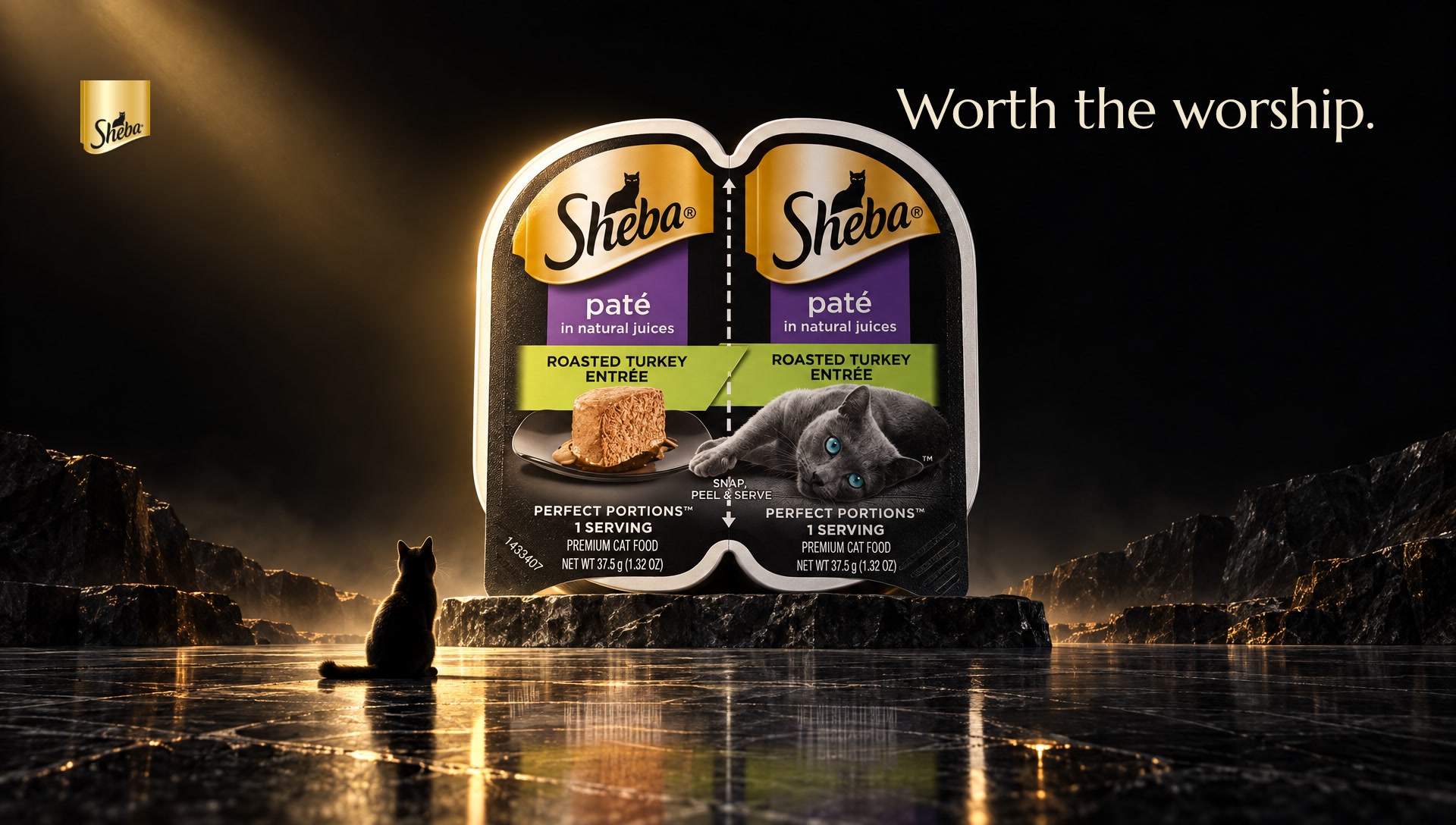Poster: the Sheba tray as a monolith with a small cat gazing up, the line worth the worship