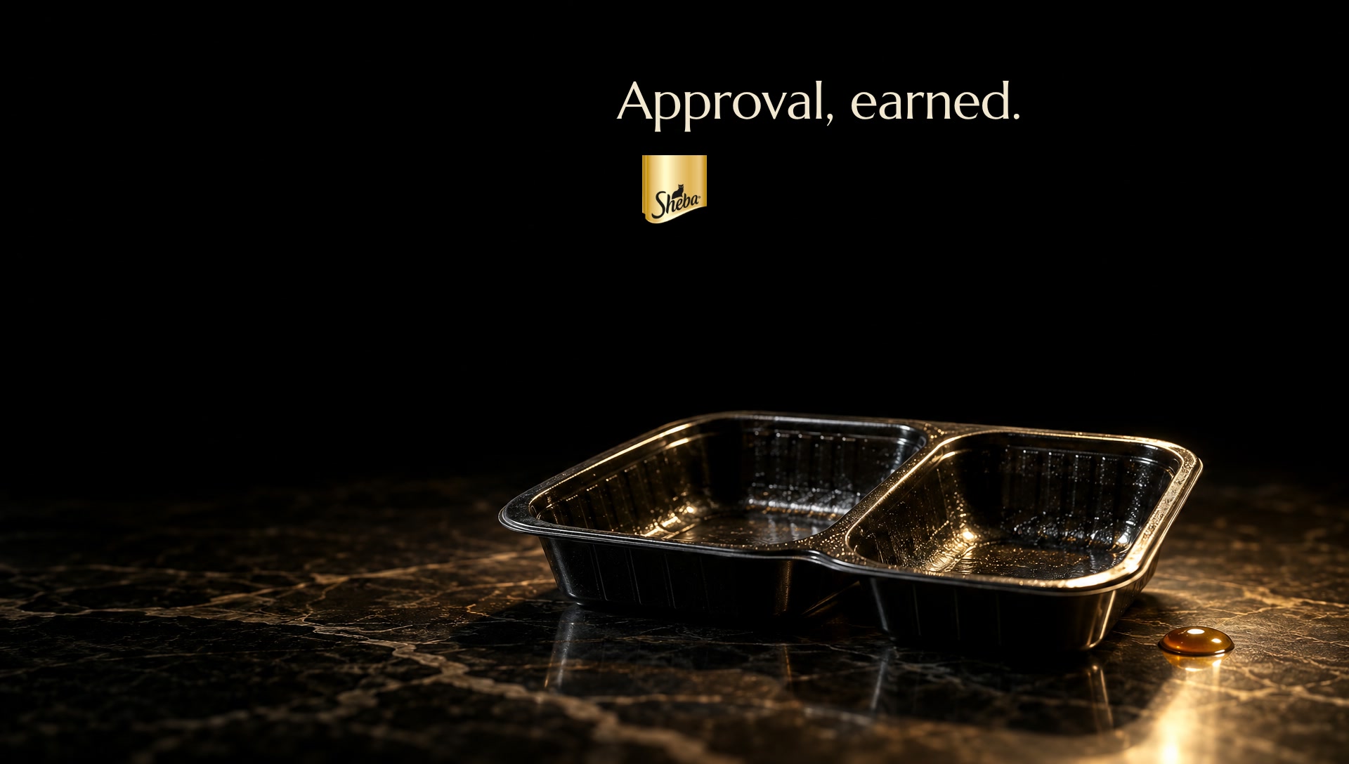 Poster: a licked clean tray under one warm light with the line approval, earned